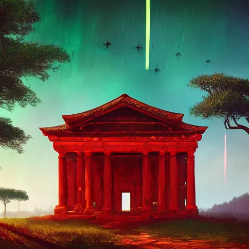 Image similar to red ancient temple, green hills, big trees, star trails, dramatic lighting, artstation, matte painting, caspar david friedrich, simon stalenhag