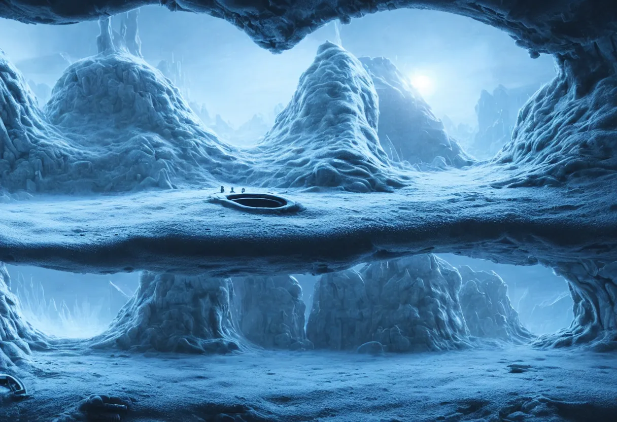 Prompt: inside of alien frozen landscape of human mind and imagination, matte painting, beautiful render, octane render, concept art