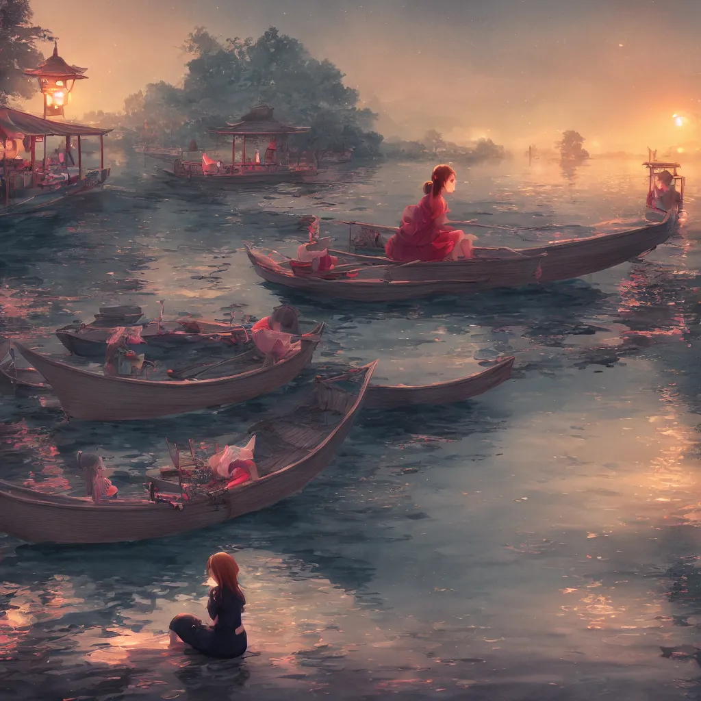 Prompt: grand river lantern festival photo, a beautiful girl is sitting on the boat, chinese watercolor style, trending on artstation, global illumination, radiant light, night lighting, fantasy art by makoto shinkai,, highly detailed and intricate environment, 8 k