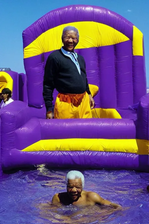 Image similar to nelson mandela in a purple bouncy castle formed as a prison floating on water in waterworld