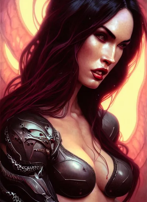 Image similar to portrait of megan fox as an succubus demon, batwings, hell, intricate, headshot, highly detailed, digital painting, artstation, concept art, sharp focus, cinematic lighting, illustration, art by artgerm and greg rutkowski, alphonse mucha, cgsociety