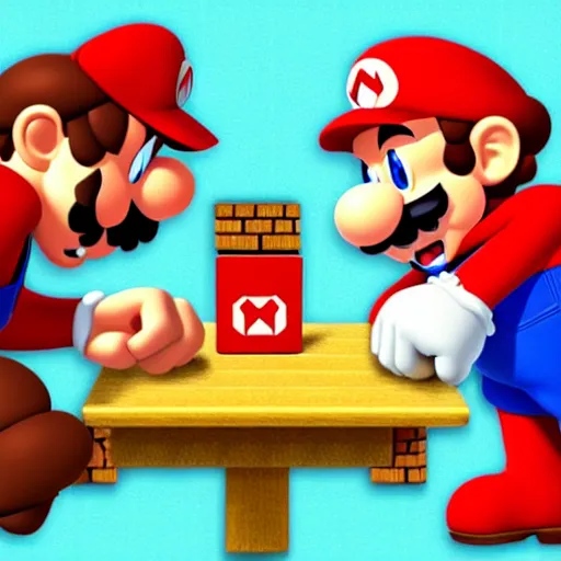 Prompt: photo of mario and donkey kong arm wrestling, nintendo, high detail,