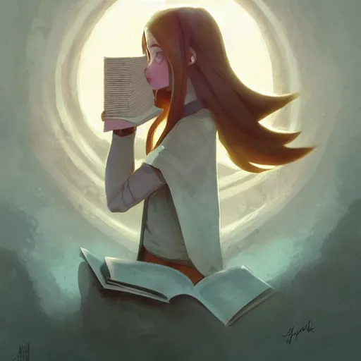 Image similar to a pixar girl reading a book, long hair flowing down, symmetrical, style of by Jordan Grimmer and greg rutkowski, crisp lines and color,