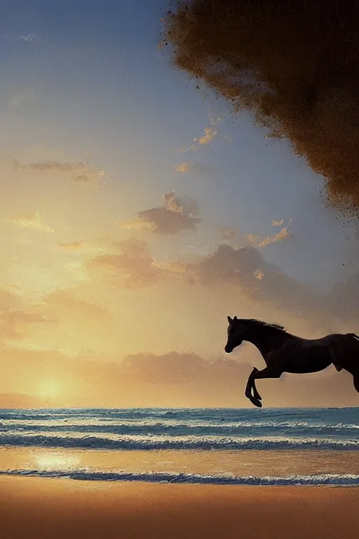 Image similar to a horse running on the beach at sunset by greg rutkowski