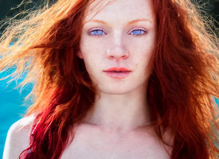 Image similar to close up portrait photograph of a thin young redhead woman with russian descent, sunbathed skin, with deep blue eyes. Wavy long maroon colored hair. she looks directly at the camera. Slightly open mouth, face takes up half of the photo. a park visible in the background. 55mm nikon. Intricate. Very detailed 8k texture. Sharp. Cinematic post-processing. Award winning portrait photography. Sharp eyes.