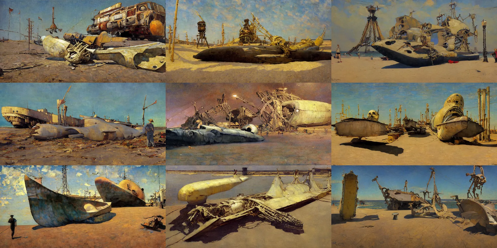 Prompt: painting by dean cornwell, ilya repin, nc wyeth painting, ultra wide, vanishing point, 3 d perspective, colossal beached nuclear submarine skeleton, white machinery, giant shoe, nasa, liquid gold, gold leaf, up close, beaching, rust, midnight, junk town, makeshift house, colorful lightbulb festoon lights, telephone pole