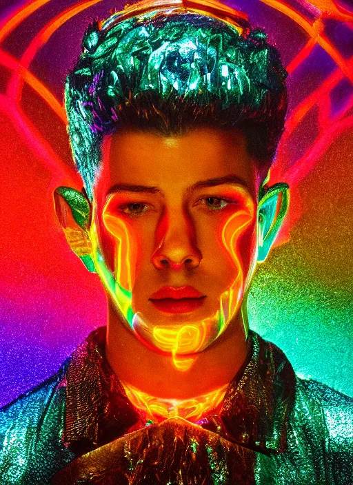 Prompt: photo of baroque and bladerunner delicate neon emerald sculpture of seductive prince nick jonas tigers orange iridescent humanoid deity wearing metallic jungle leaves holding the sun prismatic dungeon, glowing rainbow face, crown of white diamonds, cinematic lighting, photorealistic, octane render 8 k depth of field 3 d