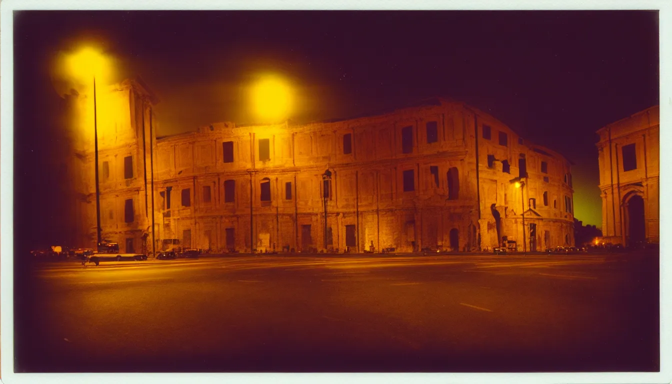 Image similar to colorful instant photograph of rome at night, polaroid, light leak, raw, nostalgic