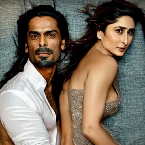 Image similar to kareena kapoor with arjun rampal in the bed, au naturel, hyper detailed, photographic, cinematic lighting, studio quality.