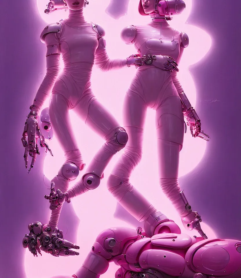 Image similar to beautiful fantasy character portrait of a natalie portman cyborg, wearing pink puffy bomber jacket with white fur, seductive reclining pose, lasers, ultra realistic, dramatic lighting, robots, the fifth element artifacts, highly detailed by peter mohrbacher, hajime sorayama, wayne barlowe, boris vallejo, aaron horkey, gaston bussiere, craig mullins