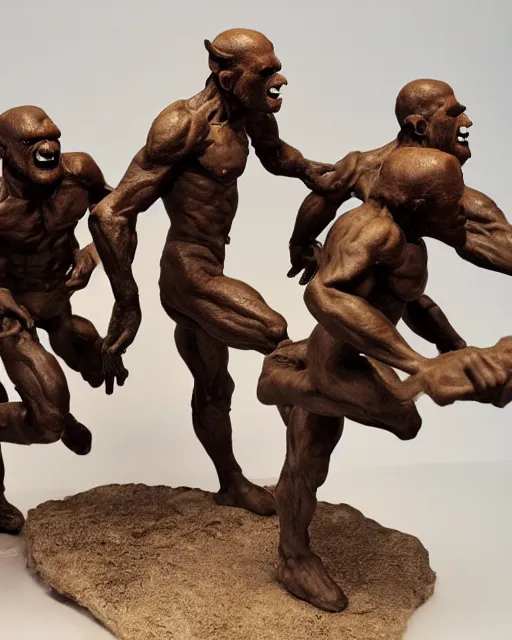 Image similar to a full figure rubber sculpture of a group of running orcs, by Michelangelo, dramatic lighting, rough texture, subsurface scattering, wide angle lens