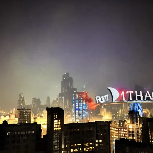 Prompt: the bat signal spotlight over smoggy Gotham City, but the projection has been changed as a prank