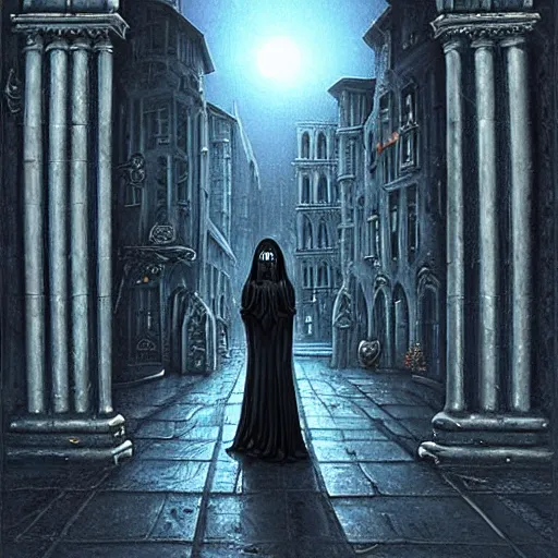 Prompt: a figure stands in a busy street of an gothic city, high resolution, highly detailed, dark fantasy, night, by anne stokes