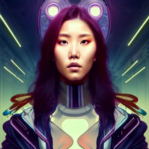 Prompt: portrait painting of cyberpunk hwasa mamamoo as a street doctor with a halo, ultra realistic, concept art, intricate details, eerie, highly detailed, photorealistic, octane render, 8 k, unreal engine. art by artgerm and greg rutkowski and magali villeneuve and alphonse mucha