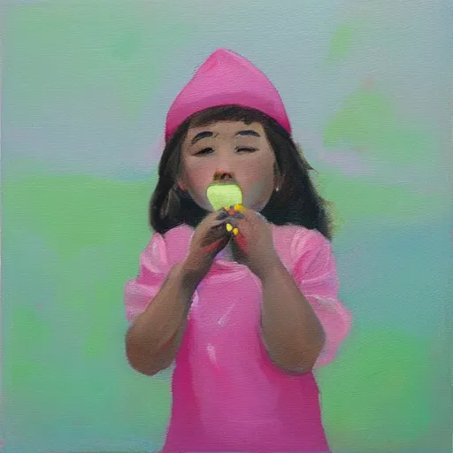 Image similar to A cute girl blowing gum in her mouth, wearing a pink hat, oil painting