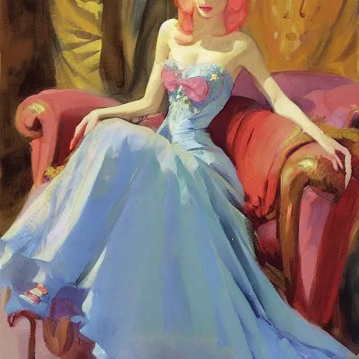 Prompt: a Royal portrait of Princess Peach as illustrated by Gregory Manchess. 1991. Oil on panel.