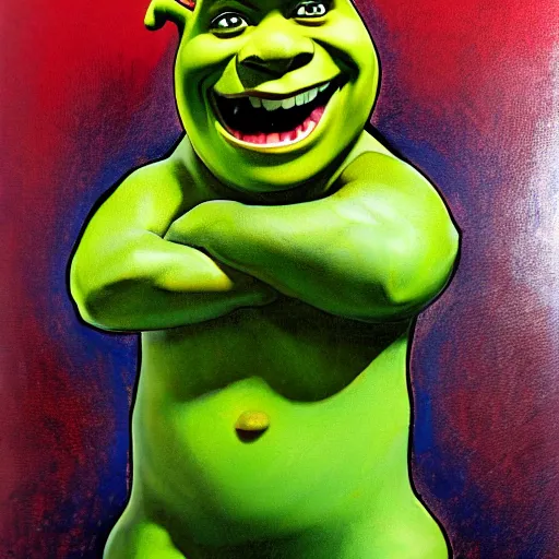 Prompt: shrek with his fists up, chicano art movement, detailed