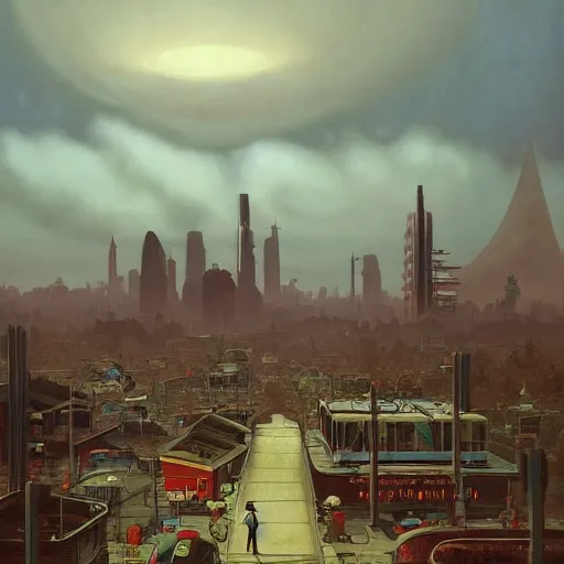 Image similar to An atompunk city with the sun shining through the clouds,buildings,in utopia by Simon Stålenhag and Greg Rutkowski In style of Grant Wood.hyper detailed,8K Resolution,highly realistic.trending on Artstation.oil on canvas