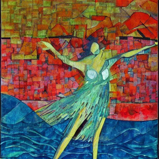 Prompt: the woman emerged from the ocean and danced by the river clothed in seaweed and tree bark , abstract art in the style of cubism and georgia o keefe ,