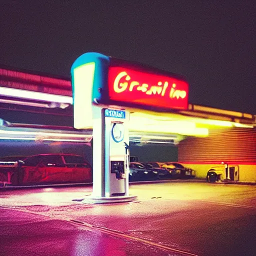 Image similar to “gas station photography, neon, heavy rain, cars, cyberpunk, various subjects, cinestill 800t, in the style of William eggleston”