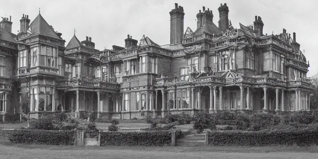Image similar to a photograph of a late Victorian mansion designed by Joseph Paxton, view from ground level
