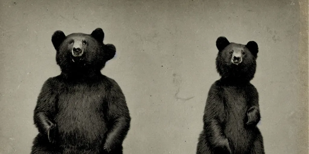 Prompt: anthropomorphic asian black bear, 1900s photo