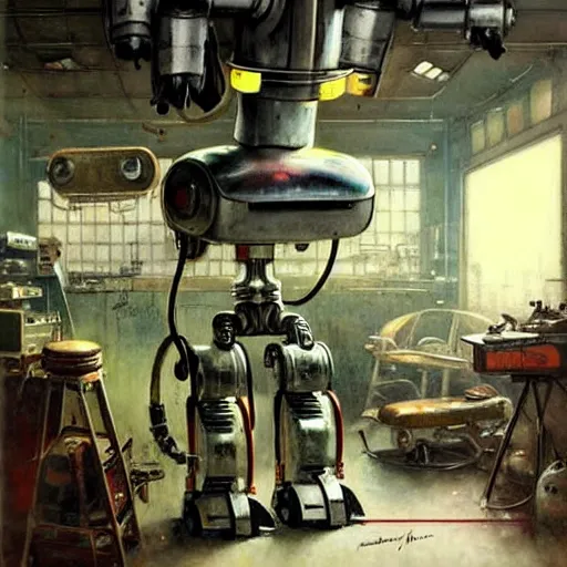 Image similar to ( ( ( ( ( 1 9 5 0 s retro boy inventors science fiction cluttered robot mechanics shop interior scene. muted colors. ) ) ) ) ) by jean - baptiste monge!!!!!!!!!!!!!!!!!!!!!!!!!!!!!!