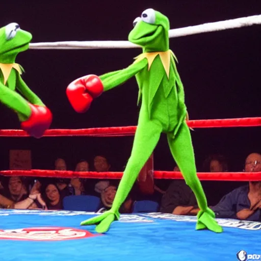 Prompt: ringside photo of kermit the frog boxing