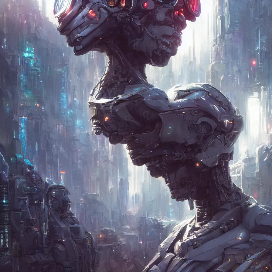 Prompt: close up portrait of cyborg in futuristic city, stephen bliss, unreal engine, fantasy art by greg rutkowski, loish, rhads, ferdinand knab, makoto shinkai and lois van baarle, ilya kuvshinov, rossdraws, tom bagshaw, global illumination, radiant light, detailed and intricate environment