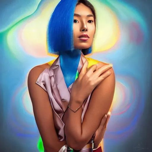 Image similar to A beautiful painting. She has deeply tanned skin that makes me think of Oort, an almond Asian face and a compact, powerful body. Navajo white, neon blue by Henri Rousseau, by Mike Campau elegant, rich details