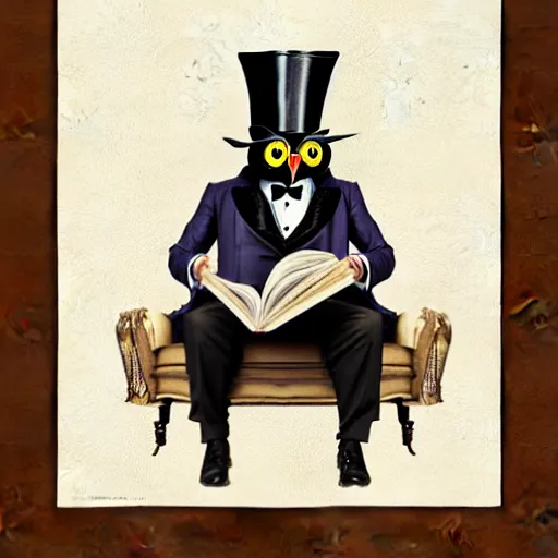 Prompt: a well-dressed owl wearing a top hat, sitting in an armchair and reading a book, digital painting, concept art, trending on artstation, highly detailed, realistic-n 5