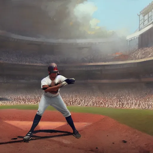 Image similar to baseball player hitting the ball with the baseball bat in the middle of the game and in front of everyone in the stadium, james gurney painting style, greg rutkowski, artstation, octane render, unreal engine 5