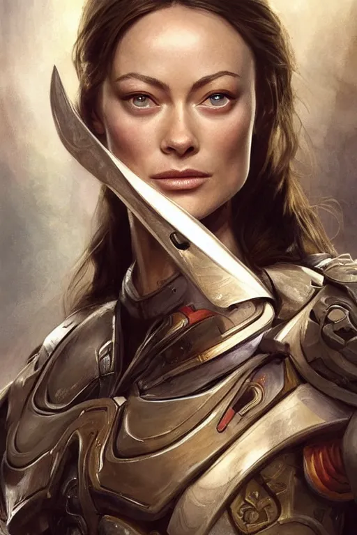 Image similar to a professional painting of a young Olivia Wilde, clothes in military armor, olive skin, long dark hair, beautiful bone structure, symmetrical facial features, intricate, elegant, digital painting, concept art, smooth, sharp focus, illustration, from StarCraft by Ruan Jia and Mandy Jurgens and Artgerm and William-Adolphe Bouguerea