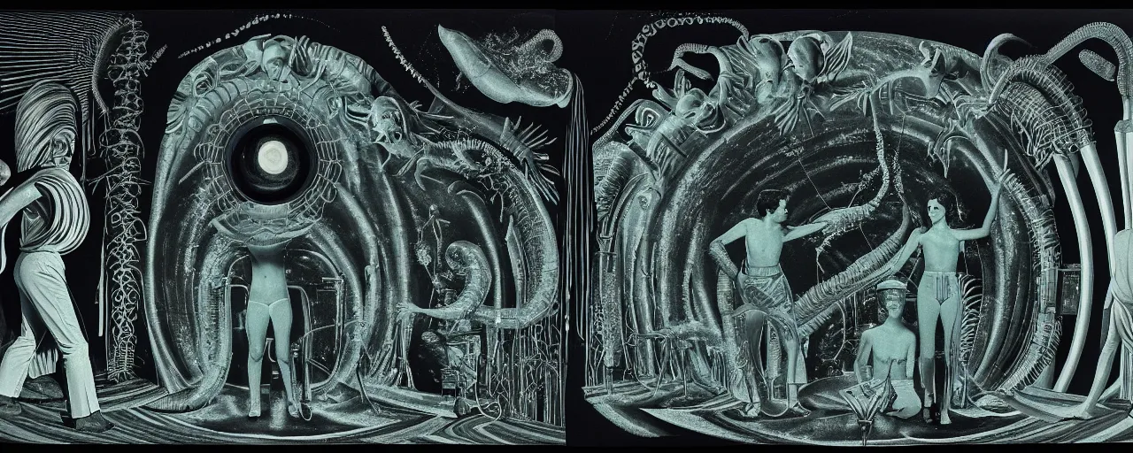 Image similar to 1978 cut out collage, theater stage, neon Roman, dusk on Jupiter, epic theater, deep sea ambience, ancient plants, film noir, in part by Alex Grey, part by August Ferdinand Möbius, composition William S Boroughs, written by H. P. Lovecraft