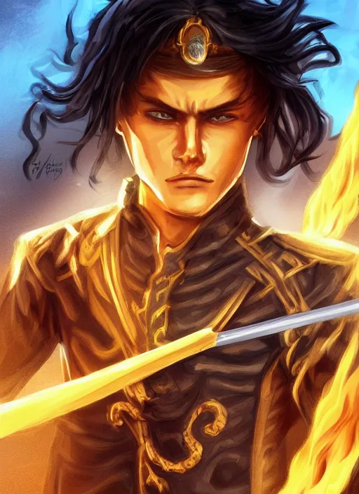 Prompt: An Artstation drawing style of a young man wearing a black scale ninja outfit with golden details, no mask, wavy golden hair and blue eyes. He is holding a golden bo staff. He is in a fiery desert with a blue sky.