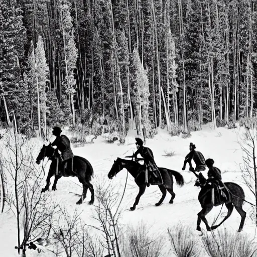 Image similar to photograph of savage plains indians on the warpath riding horses through some aspen trees in the snow attacking