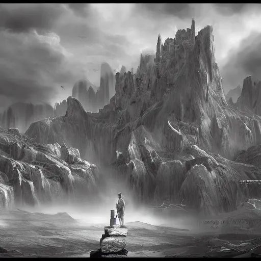 Prompt: the coming of a new age, black and white matte painting