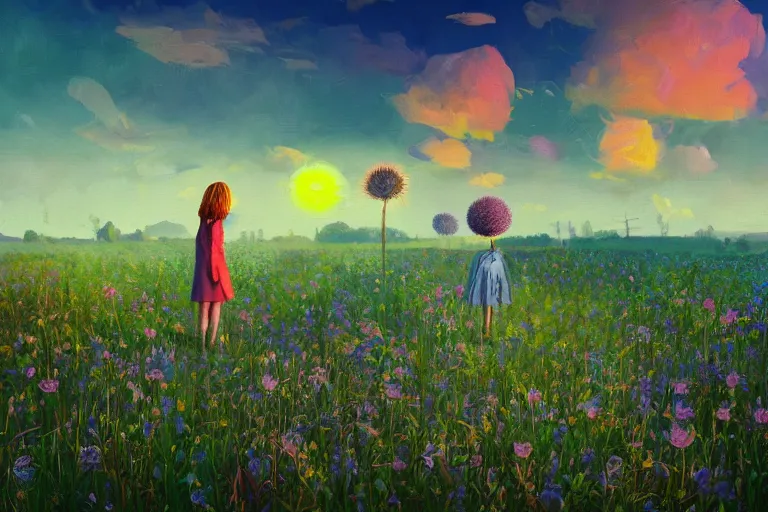 Prompt: giant thistle head, girl in suit in field of flowers, surreal photography, sunrise, blue sky, dramatic light, impressionist painting, digital painting, artstation, simon stalenhag