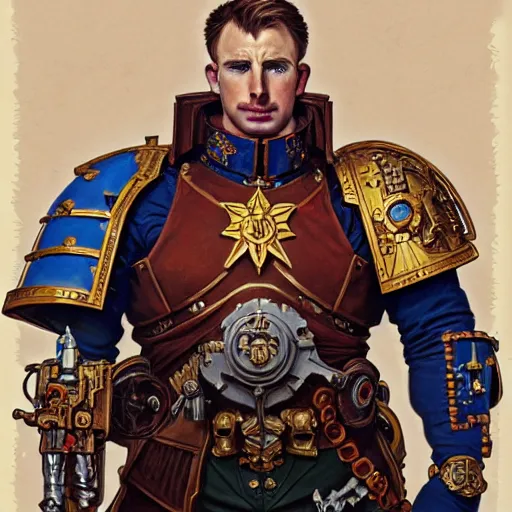 Image similar to full portrait of warhammer 4 0 k chris evans, fantasy, d & d, intricate, detailed, by by alphonse mucha, adolfo hohenstein, alice russell glenny, stanley artgerm lau, greg rutkowski, detailed, trending on artstation, trending on artstation, smooth