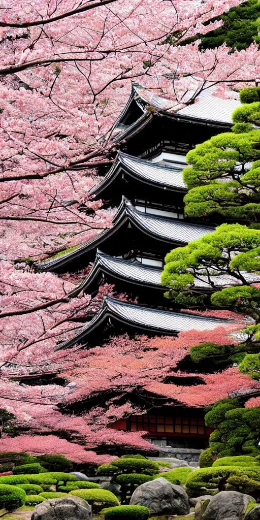 Prompt: a towering japanese castle, lush foliage, sakura by Frank Lloyd Wright