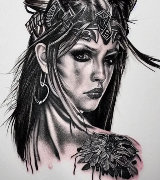 Image similar to tattoo design of a hyper realistic beautiful girl warrior, hyper detailed, inspired by eliot kohek, on white background