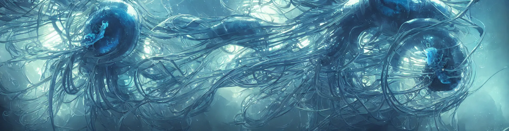 Image similar to Panorama hyper detailed painting of a cyberpunk jellyfish, blue tones, underwater, 8 mm, highly detailed, digital painting, artstation, concept art, smooth, sharp focus, illustration, art by artgerm and greg rutkowski and alphonse mucha