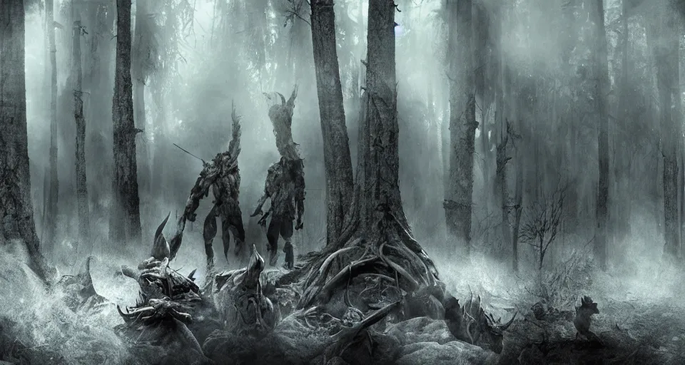 Image similar to an epic action concept masterpiece of a rabid wolfpack, in a forest made of nightmares, inspired by sd ai. horrific digital art, extremely moody lighting