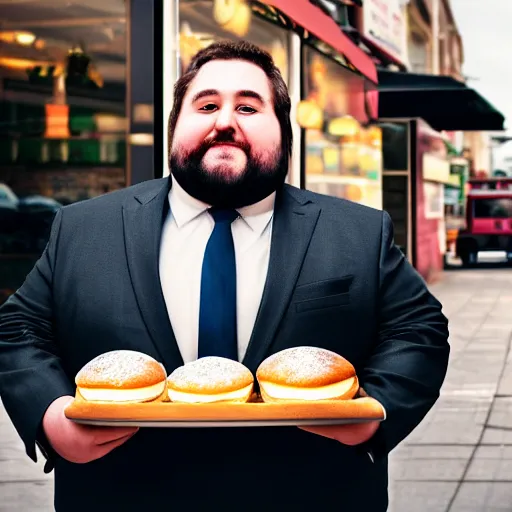 Image similar to Close up portrait of a chubby man wearing a brown suit and necktie with a bakery in the background. Photorealistic. Award winning. Dramatic lighting. Intricate details. UHD 8K. He looks happy.