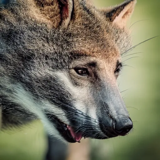 Image similar to close up photo of a rare thylacine, drinking water from a lake in tasmania, bokeh, 1 0 0 mm lens, 4 k award winning nature photography. masterpiece