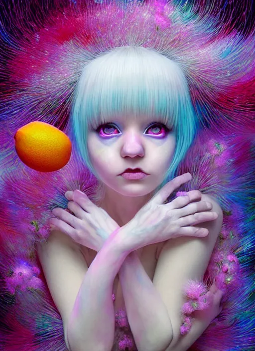 Image similar to hyper detailed 3d render like a Oil painting - kawaii portrait Aurora (white haired Singer Ferret) seen Eating of the Strangling network of yellowcake aerochrome and milky Fruit and Her delicate Hands hold of gossamer polyp blossoms bring iridescent fungal flowers whose spores black the foolish stars by Jacek Yerka, Mariusz Lewandowski, Houdini algorithmic generative render, Abstract brush strokes, Masterpiece, Edward Hopper and James Gilleard, Zdzislaw Beksinski, Mark Ryden, Wolfgang Lettl, hints of Yayoi Kasuma, octane render, 8k