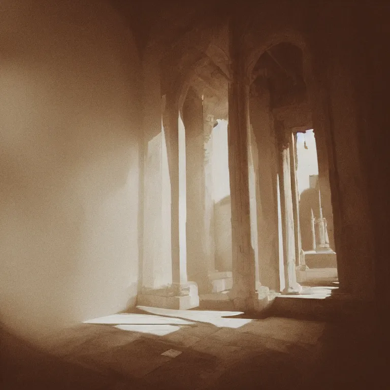 Prompt: temple, film photo, soft lighting album cover, nostalgia, gradient