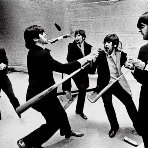 Prompt: the beatles whacking each other with baseball bats during let it be sessions