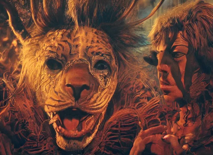 Image similar to wild underground carnival scene from a 7 0's movie by chris cunningham, kenneth anger and alejandro jodorowsky : : dream scene of actors turning into animals : : close - up, ultra realistic, concept art, highly detailed by greg rutkowski 4 k