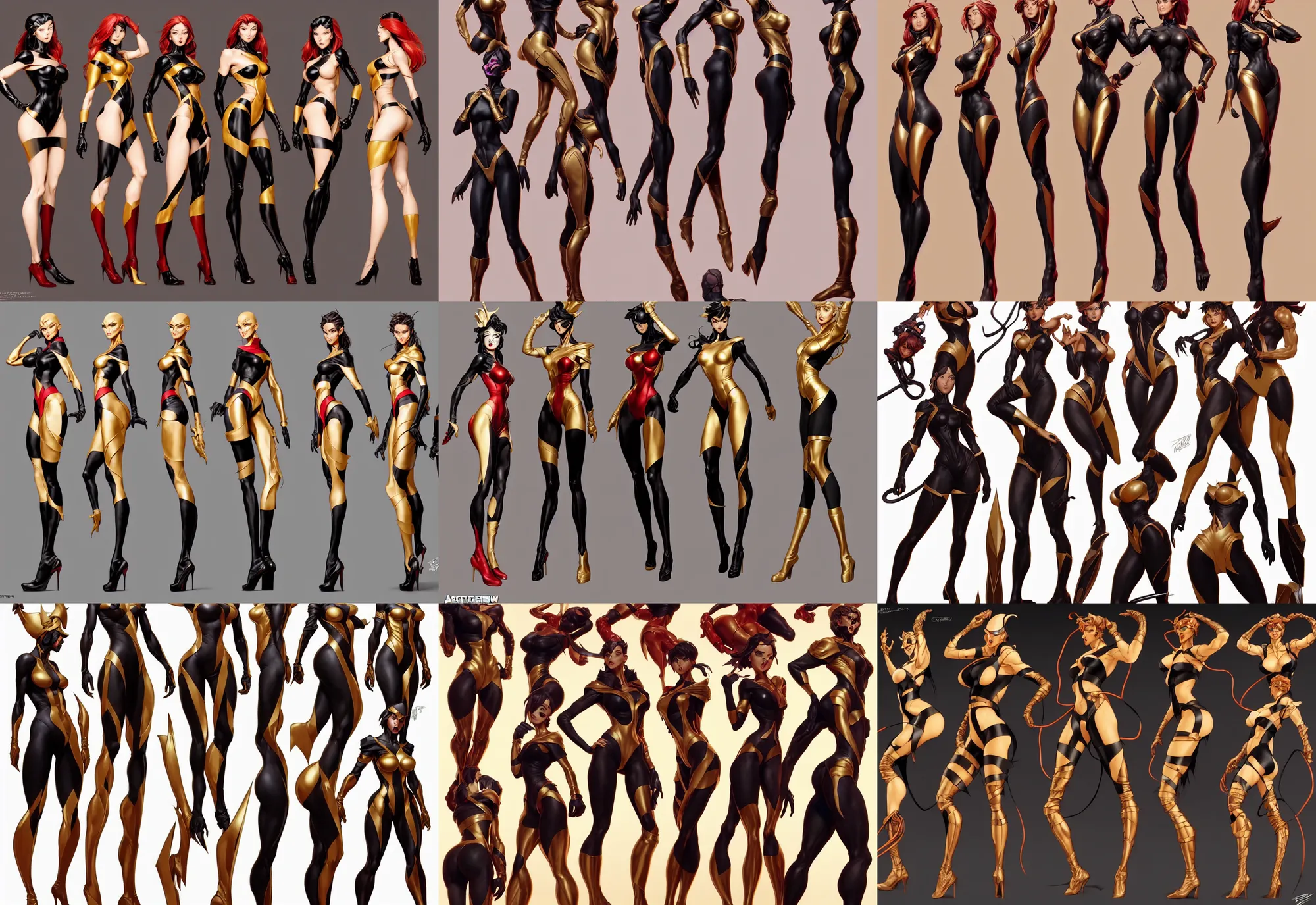 Prompt: three views cartoon character design by artgerm, cushart krenz, zeronis, donato giancola and greg rutkowski. future head set!! black tape project show attctive showgirl!! full body!! sharp edge. ultra clear detailed. contour light effect!! 8 k. red, golden and black. stage light. octane render.